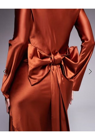 Daska satin maxi dress with exaggerated bow back in rust