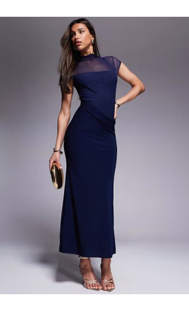 ASOS DESIGN maxi dress with cowl skirt detail and layered bodice in navy