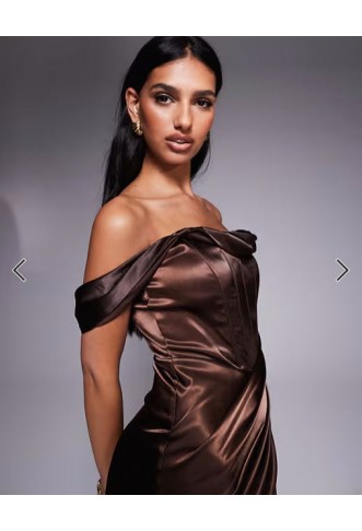 TFNC drop shoulder satin corset maxi dress in chocolate
