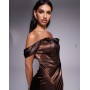 TFNC drop shoulder satin corset maxi dress in chocolate