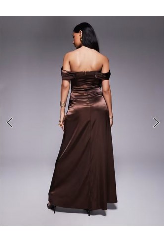 TFNC drop shoulder satin corset maxi dress in chocolate