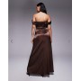 TFNC drop shoulder satin corset maxi dress in chocolate