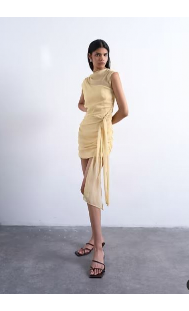 Topshop grown on shoulder chiffon mini dress with sash in textured buttermilk