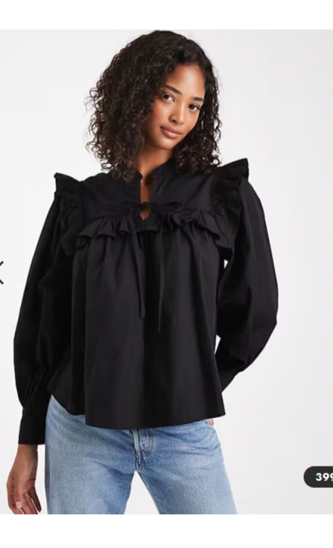 ASOS DESIGN tie front lace insert blouse in black