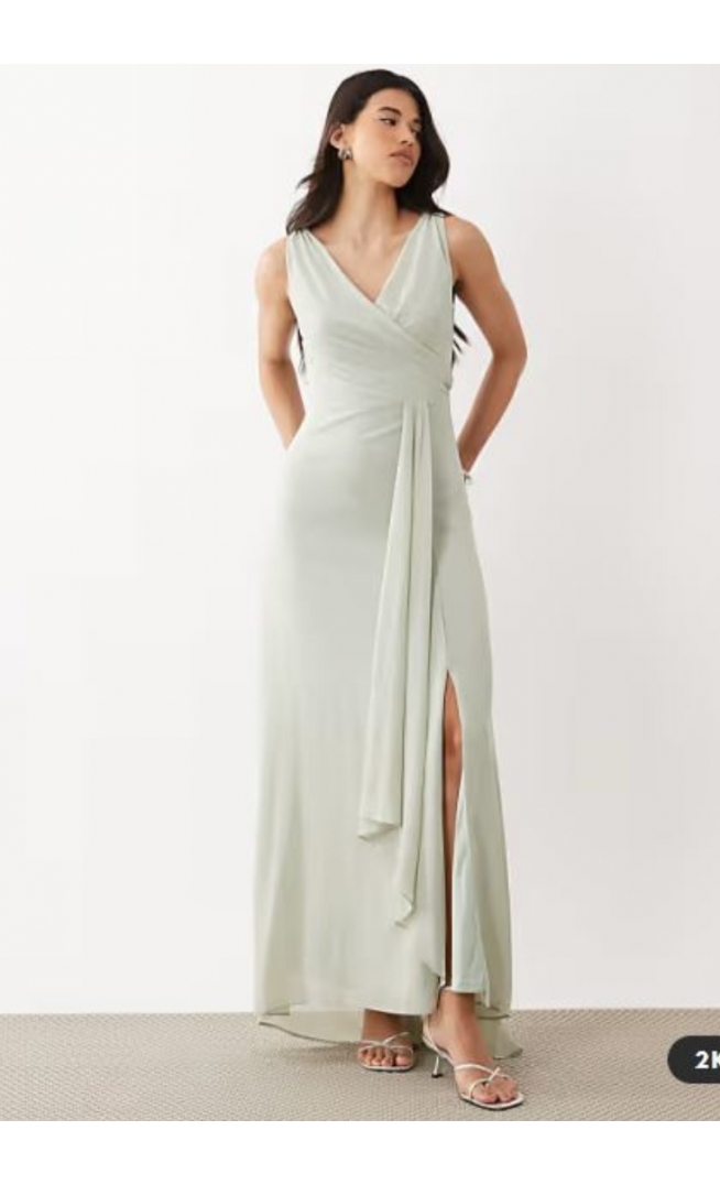 TFNC Bridesmaid chiffon wrap top draped maxi dress in sage green