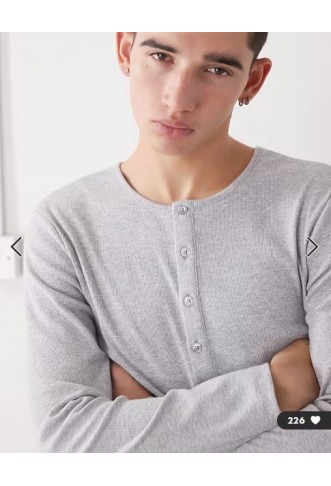COLLUSION long sleeve rib henley slim fit in grey marl