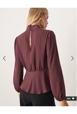 ASOS DESIGN high neck long sleeve peplum blouse in plum