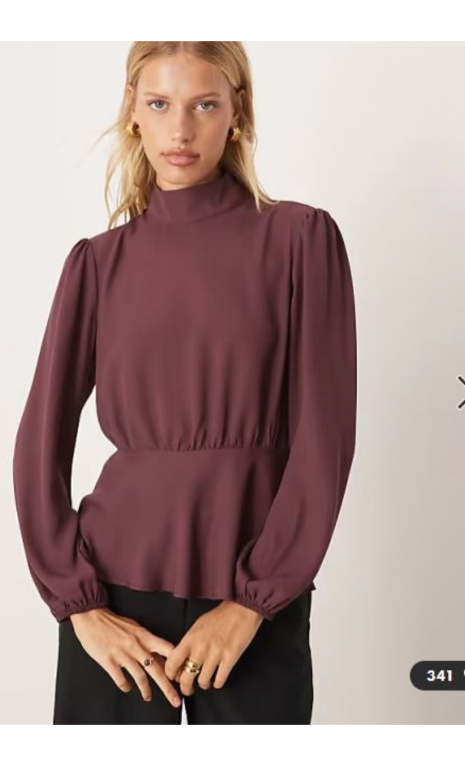 ASOS DESIGN high neck long sleeve peplum blouse in plum