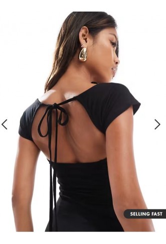 ASOS DESIGN wide scoop neck mini dress with under bust detail and cap sleeve in black