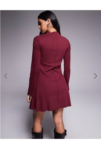 ASOS DESIGN ribbed long sleeve lettuce hem mini dress in burgundy