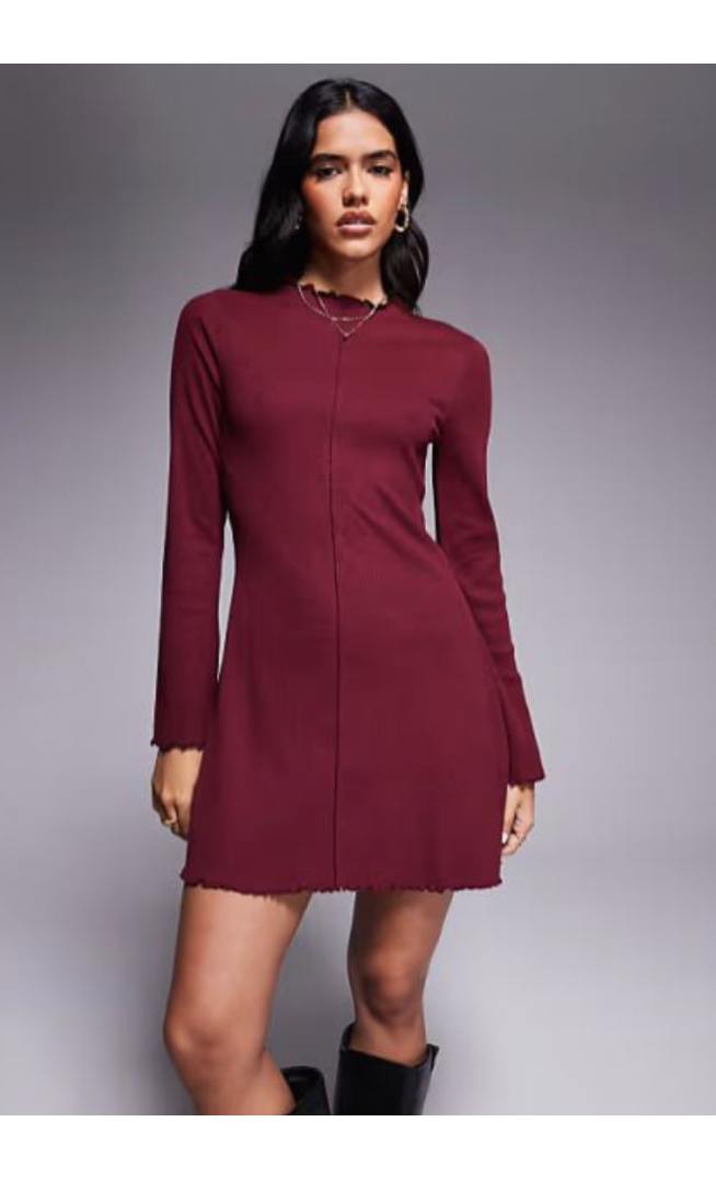ASOS DESIGN ribbed long sleeve lettuce hem mini dress in burgundy