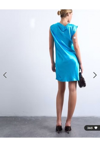 Topshop grown on shoulder ruched waist mini dress in blue satin