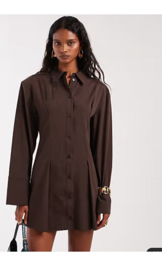 ASOS DESIGN cinched shoulder pad shirt mini dress in chocolate