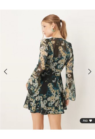 ASOS DESIGN wrap mini dress with ties in blurred blue floral