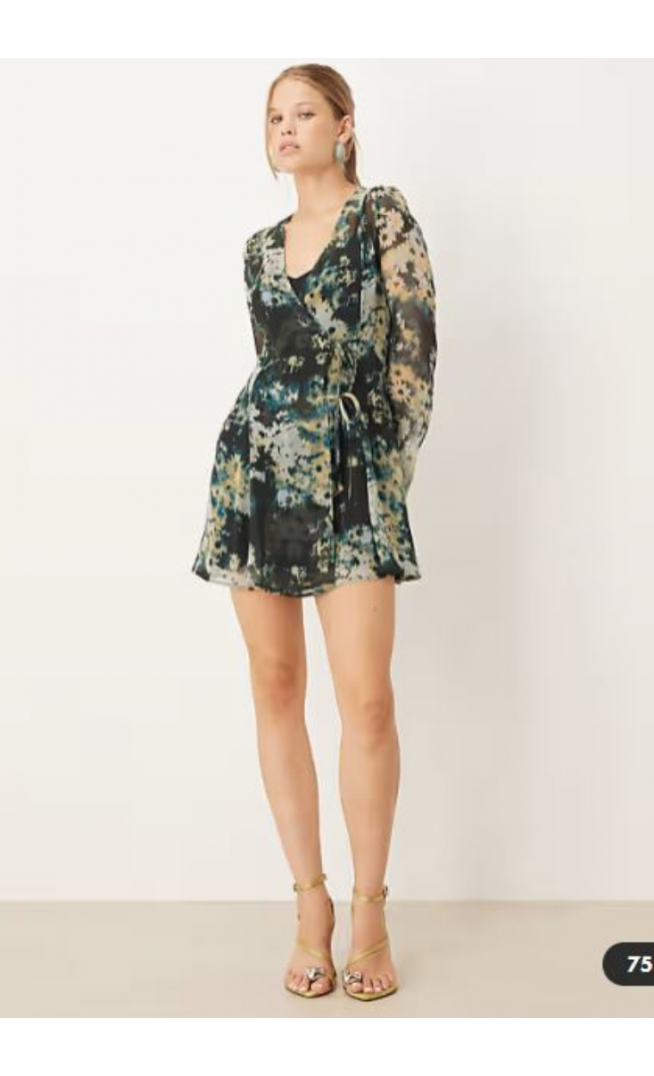 ASOS DESIGN wrap mini dress with ties in blurred blue floral