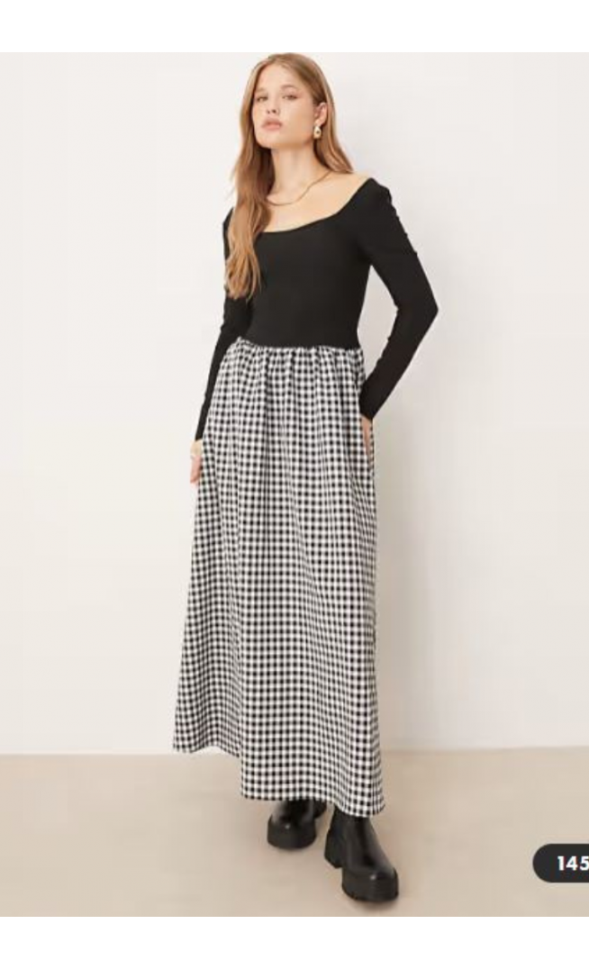 ASOS DESIGN hybrid scoop neck maxi dress in mono gingham skirt