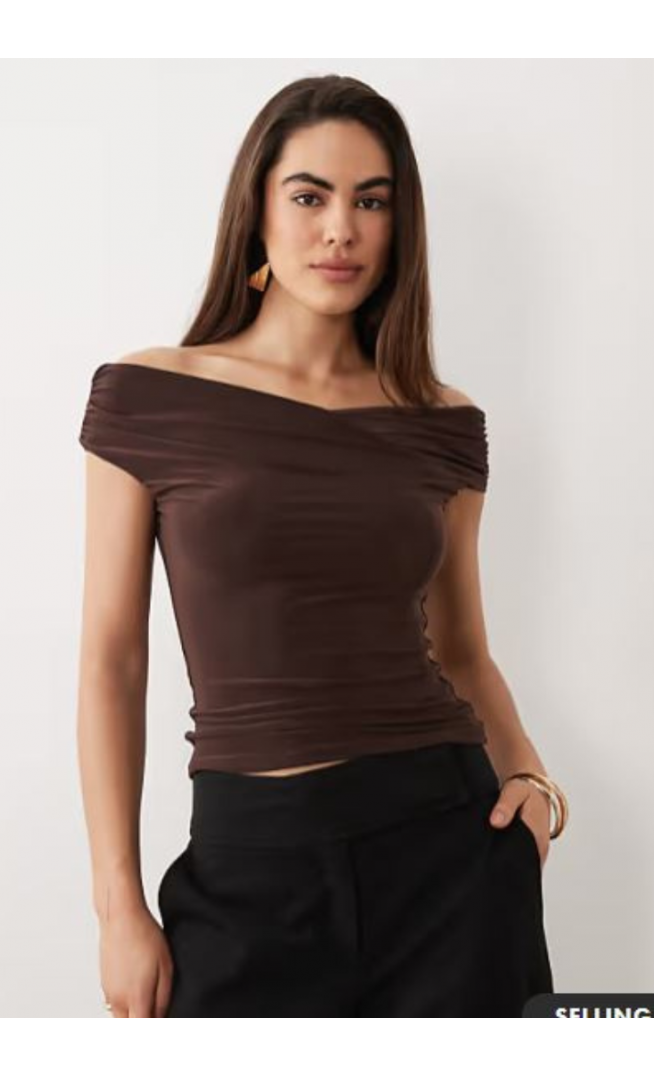 ASOS DESIGN soft touch ruched shoulder grazer top in chocolate