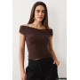 ASOS DESIGN soft touch ruched shoulder grazer top in chocolate