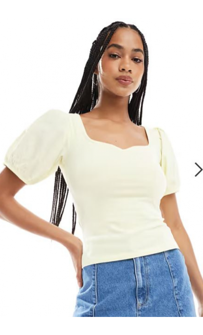 ASOS DESIGN poplin mix puff sleeve sweetheart top in buttermilk yellow