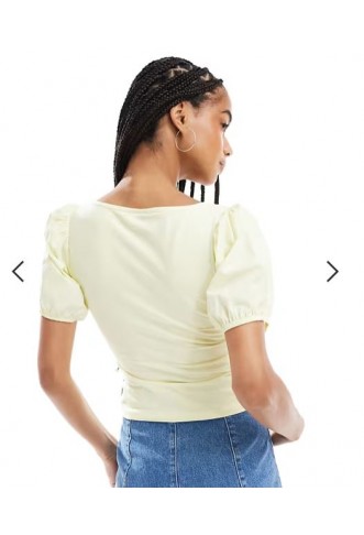 ASOS DESIGN poplin mix puff sleeve sweetheart top in buttermilk yellow