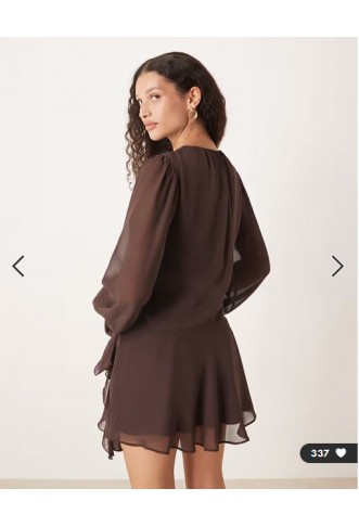 Abercrombie & Fitch long sleeve plunge neck wrap front mini dress in brown