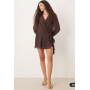 Abercrombie & Fitch long sleeve plunge neck wrap front mini dress in brown