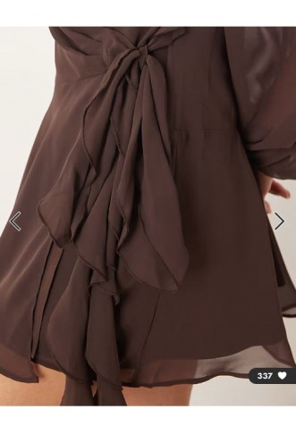 Abercrombie & Fitch long sleeve plunge neck wrap front mini dress in brown