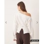 ASOS DESIGN long sleeve off shoulder corset waist tee in cream