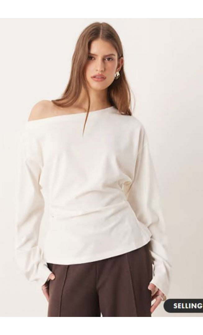 ASOS DESIGN long sleeve off shoulder corset waist tee in cream