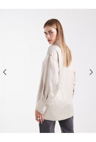 ASOS DESIGN crushed satin contrast stitch longline shirt in ecru