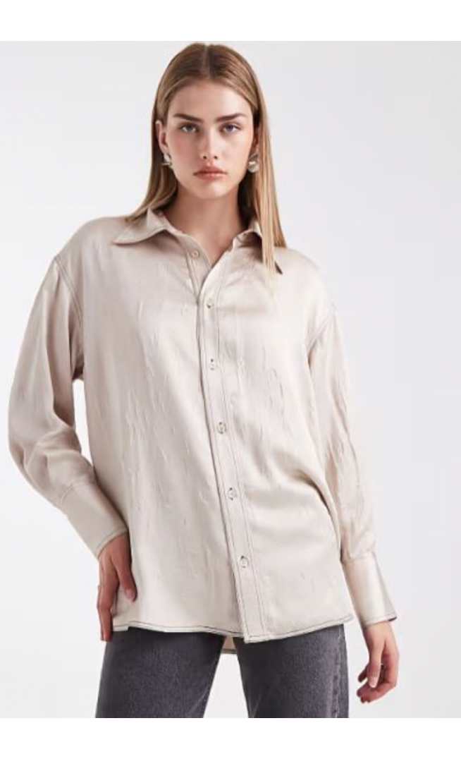 ASOS DESIGN crushed satin contrast stitch longline shirt in ecru
