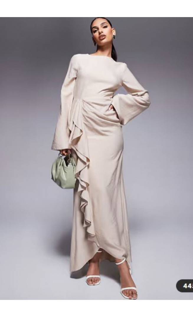 ASOS DESIGN long sleeve linen maxi dress with ruffle skirt in stone