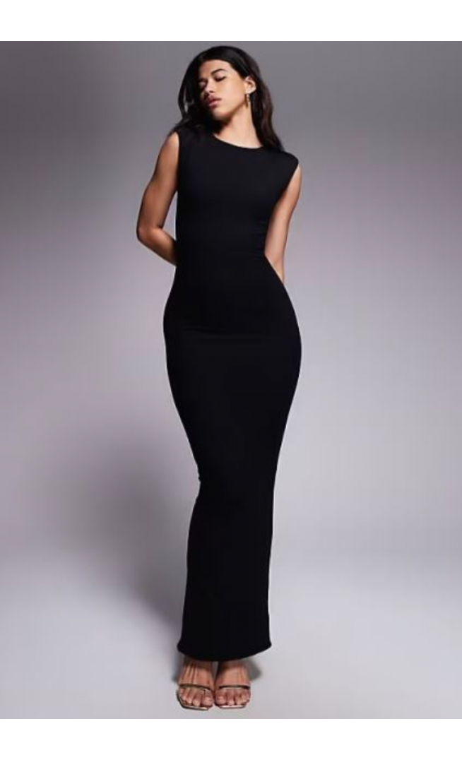 Wanderdoll Naomi sculpting sleeveless shoulder pad detail bodycon maxi dress in black