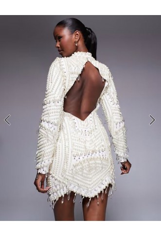 ASOS LUXE pearl embellished long sleeve mini dress in cream
