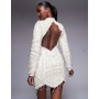 ASOS LUXE pearl embellished long sleeve mini dress in cream