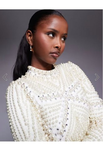 ASOS LUXE pearl embellished long sleeve mini dress in cream