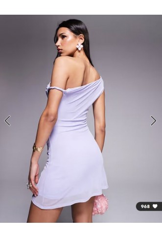 ASOS DESIGN mesh twisted shoulder mini dress with softline skirt in pastel lilac