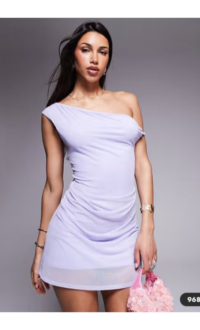 ASOS DESIGN mesh twisted shoulder mini dress with softline skirt in pastel lilac
