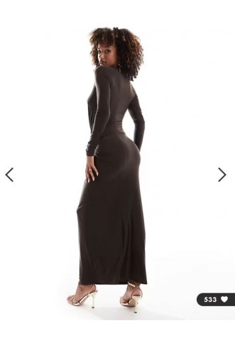 Daska stretch long sleeve high neck twist detail maxi dress in chocolate brown