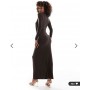 Daska stretch long sleeve high neck twist detail maxi dress in chocolate brown