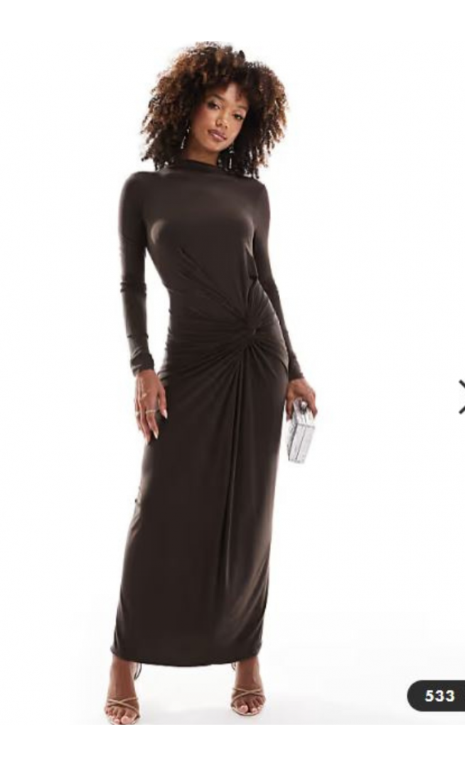 Daska stretch long sleeve high neck twist detail maxi dress in chocolate brown