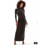 Daska stretch long sleeve high neck twist detail maxi dress in chocolate brown