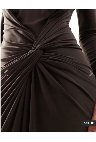 Daska stretch long sleeve high neck twist detail maxi dress in chocolate brown