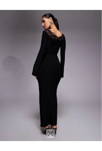 Women’s Fashionkilla exclusive slinky lace trim bardot flare sleeve maxi dress in black