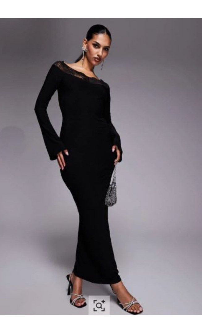 Women’s Fashionkilla exclusive slinky lace trim bardot flare sleeve maxi dress in black