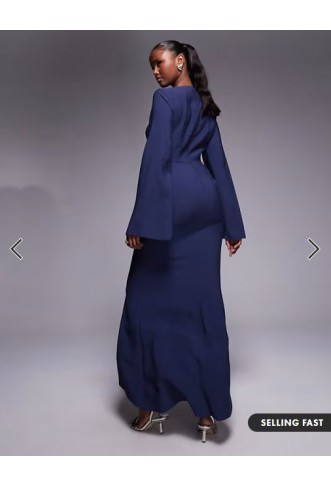 ASOS DESIGN long sleeve maxi dress with ruffle skirt in navy