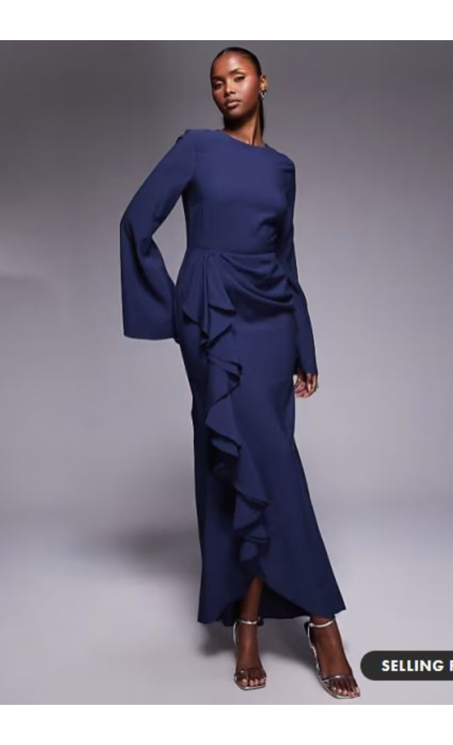 ASOS DESIGN long sleeve maxi dress with ruffle skirt in navy