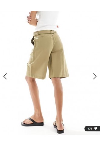ASOS DESIGN tailored longline belted city shorts with linen in khaki