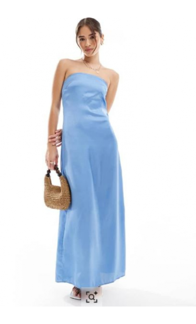 Women’s Pieces bandeau maxi satin dress in blue