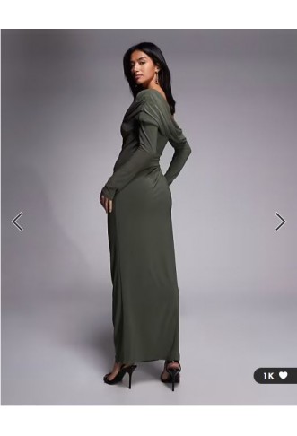 ASOS DESIGN Petite slinky long sleeve fallen shoulder with drape and ruching detail maxi dress in khaki